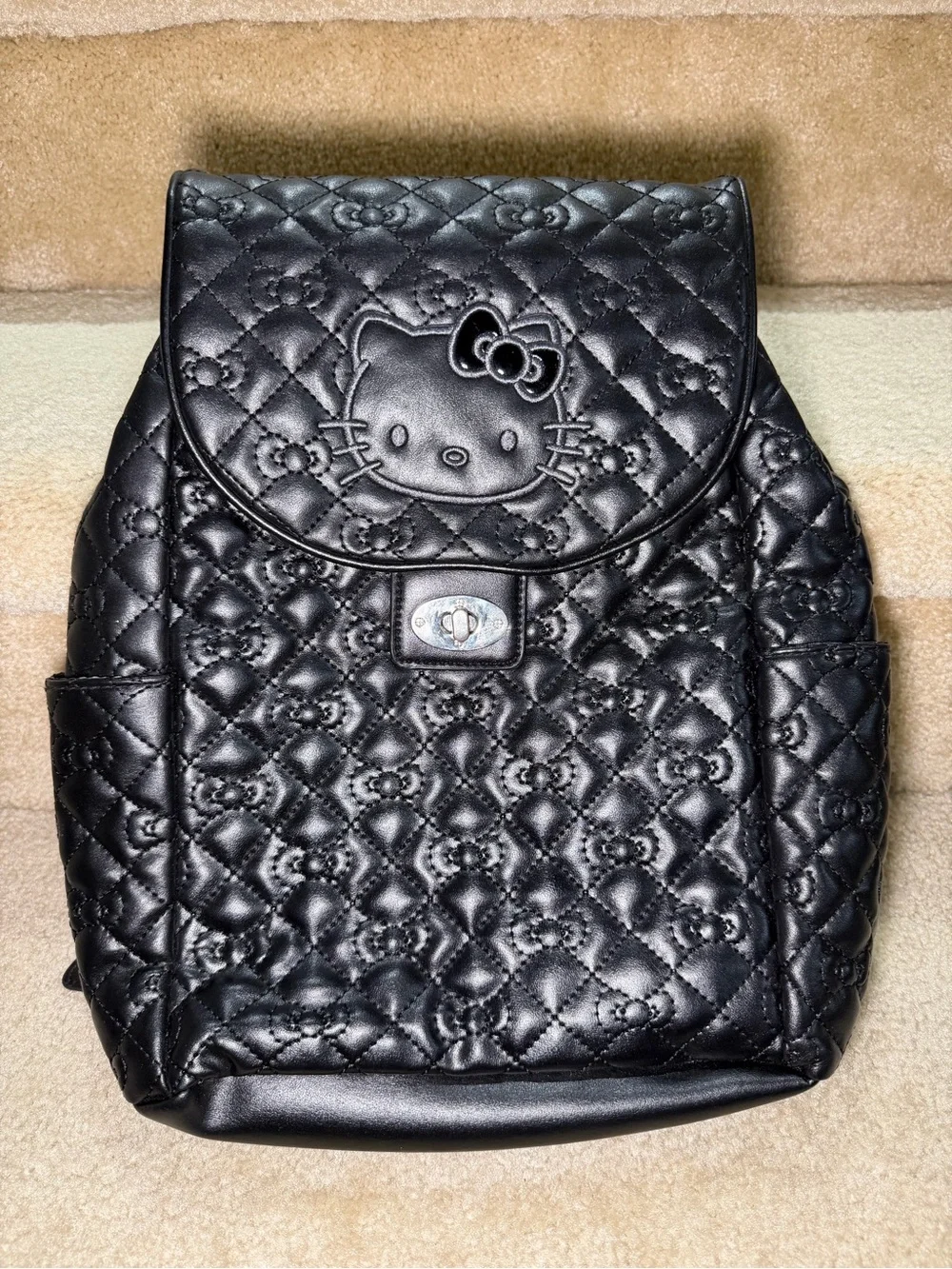 Hello Kitty Sanrio Backpack Bag Quilted Faux Leather Black Chains Adjustable